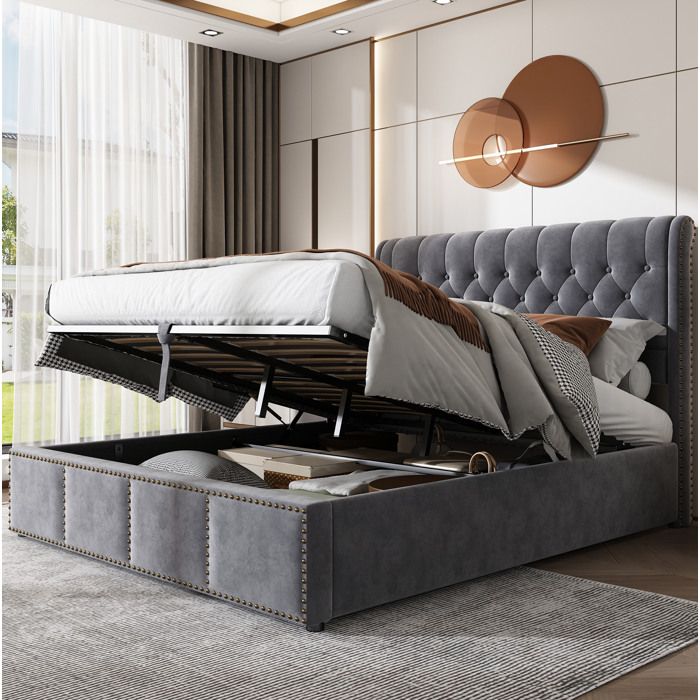 Lit coffre 140 × 200 cm en velours gris avec banc de rangement