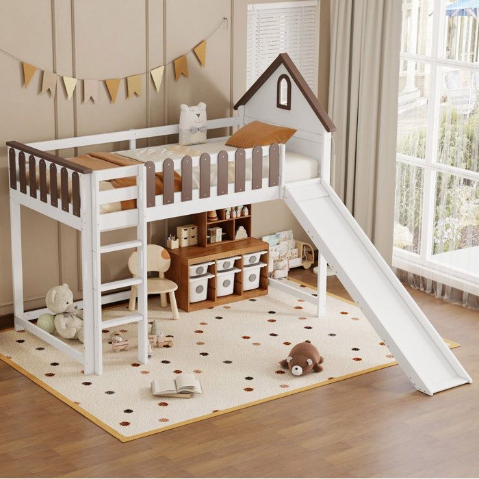 Lit mezzanine 90 x 200 cm enfant avec toit fenêtre échelle droite et toboggan