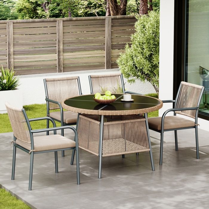 Ensemble de jardin moderne en rotin – Table ronde en verre + 4 fauteuils accoudoirs structure en fer pour terrasse balcon-GRIS