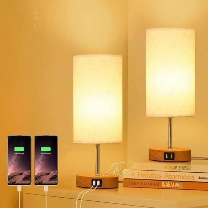 Lot de 2 lampes de chevet en tissu blanc chaud - Lampe de chevet tactile - 3 niveaux dintensité - Deux Ports de charge USB A（L027）