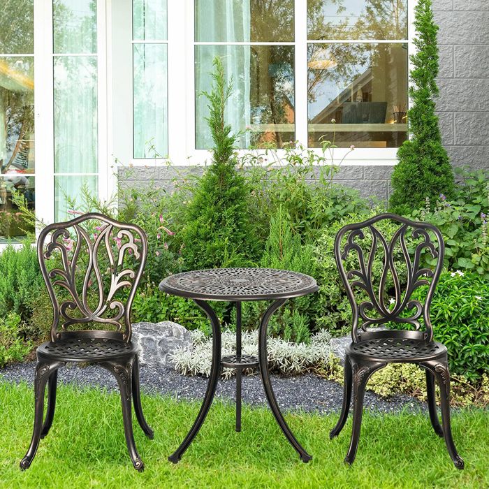 Ensemble salon de jardin 2 places - rétro - fonte daluminium - bronze - table ronde Ø60 cm