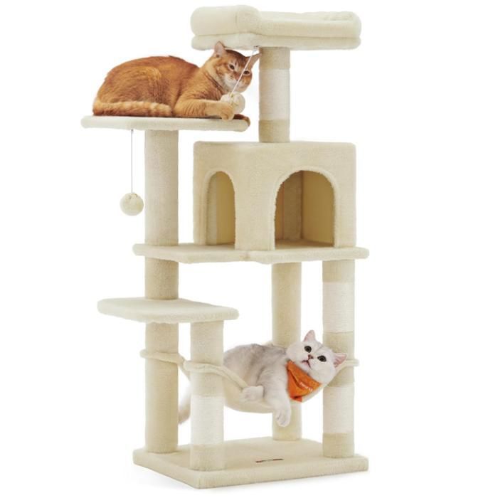 Arbre à Chat Hauteur 112 cm Tour de Jeux pour Chats avec 4 Poteaux à Griffer 2 Plateformes 1 Niche 1 Hamac 2 Pompons Beige
