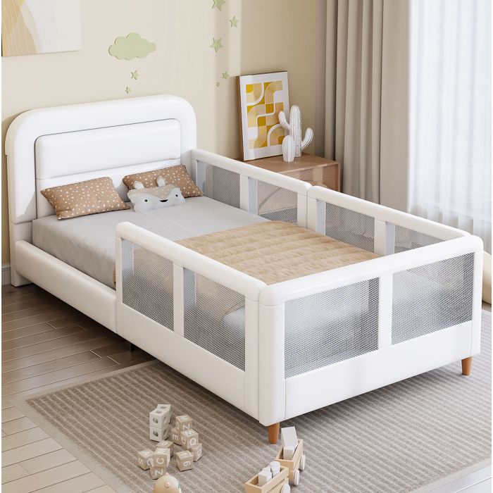 Lit plateforme rembourré 90 x 200 cm blanc avec barrière de sécurité