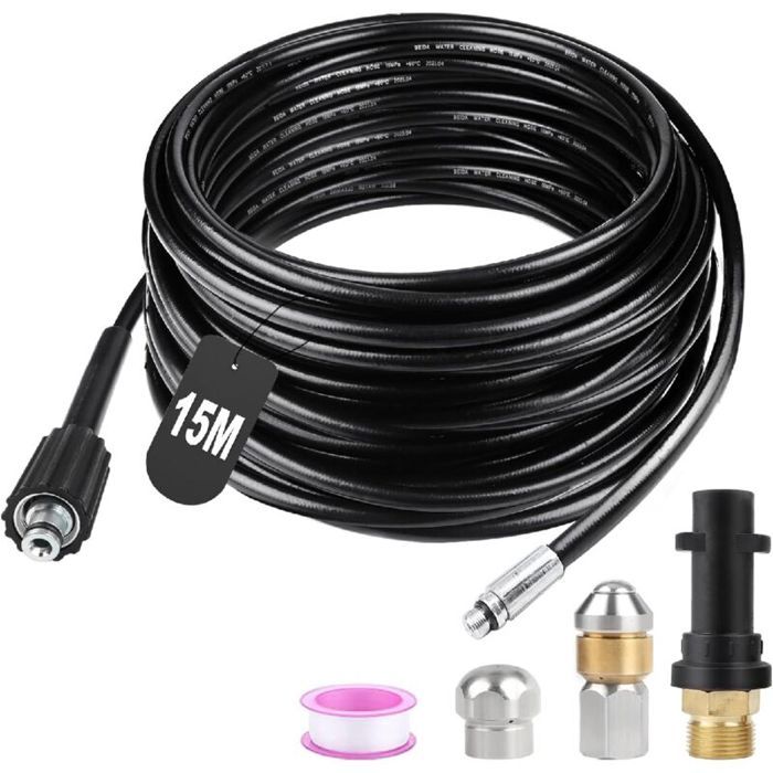 Tuyau de nettoyage de canalisations haute pression de 15 m 180 bars flexible avec buse à jet et buse rotative adaptateurs pour K