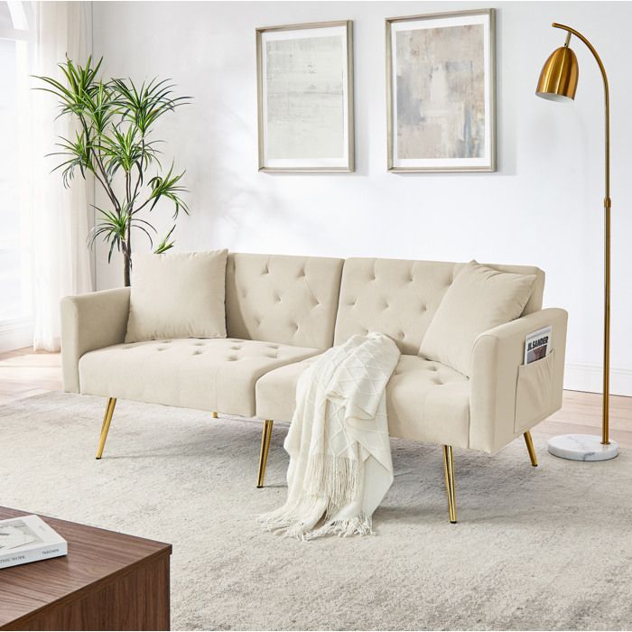 Canapé 2 places velours beige EVRYAE 177 cm dossier réglable 3 positions avec 2 coussins pieds métal doré