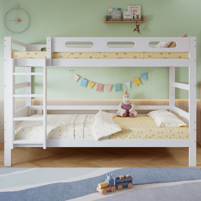 Lit superposé en bois 90x200 cm lit pour enfant amovible avec échelle et barrières de sécurité structure solide à lattes blanc