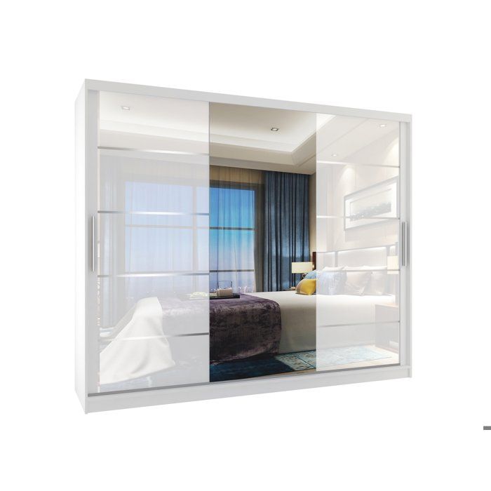 BELINI Grande Armoire 3 Portes Coulissantes VERONA MGB 232 cm - Blanc Brillant - Miroir Intégré & 4 Tiroirs - Chambre Adulte