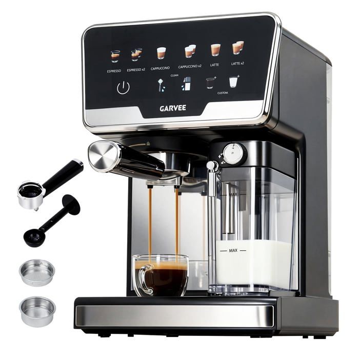 Machine à café expresso 20 bars double chaudière – Mousseur à lait automatique – 6 programmes– Réservoir eau 2L-Noir