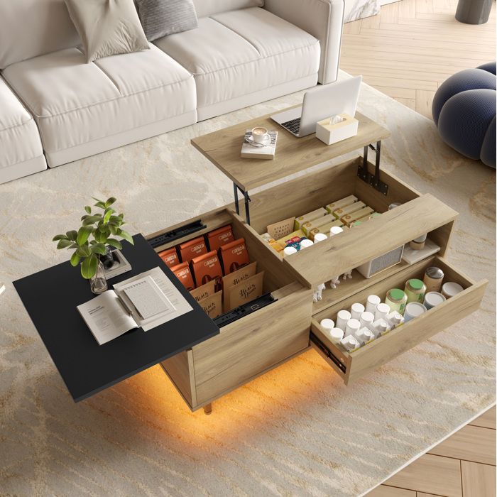 Table basse relevable avec LED rangement intégré bois d’ingénierie naturel noir et structure métal 1035 x 50 cm