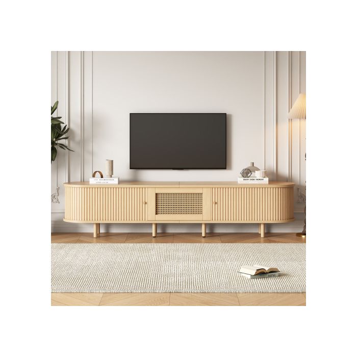 Meuble TV ovale 180x40x40 cm pour TV 75 pouces portes coulissantes 1 tiroir cannage synthétique MDF bois naturel