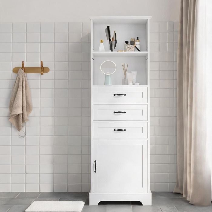 Meuble de salle de bain colonne en MDF laqué crisp white 56x25.6x167 cm trois tiroirs et porte étagères ajustables style