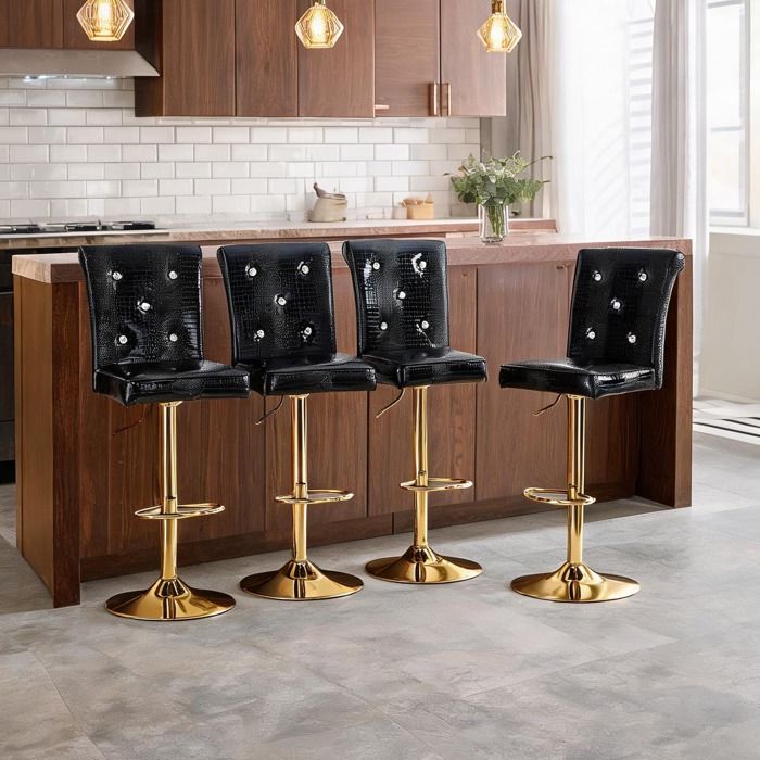 Ensemble de 4 chaises de bar vintage en similicuir crocodile noir dossier cristal 125 cm de hauteur
