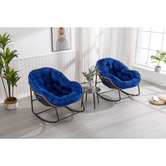 Fauteuil Bascule Rotin Synthetique Bleu Marine Rocking Chair FloraGrace Pour Jardin Ou Salon Coussin Rembourre 106x90x78cm