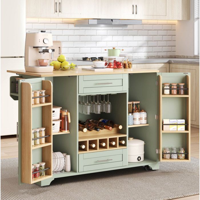Desserte de cuisine 2 portes 2 tiroirs plan rabattable et roulettes - YEAVIO - avec range-bouteilles 138×70×92 cm