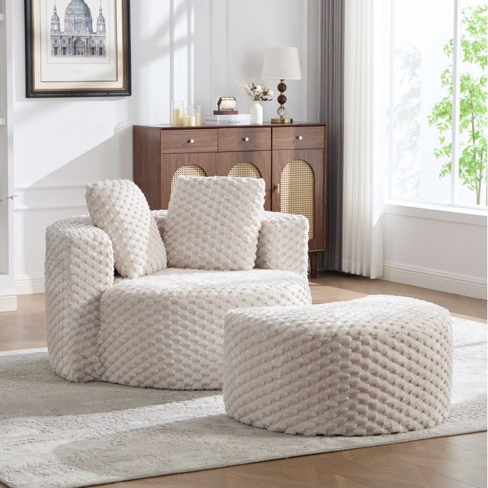 Fauteuil 1 Place En Mousse Beige Siege Relax Avec Repose-Pieds FloraGrace Pour Salon Ou Chambre Sans Montage 130x115x84cm