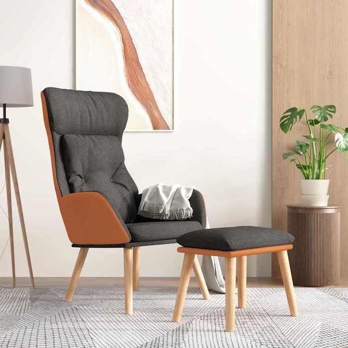 Fauteuil de relaxation - MAISON EXCLUSIVE - Relax avec repose-pied - Similicuir et tissu - Gris foncé - Pieds bois hévéa