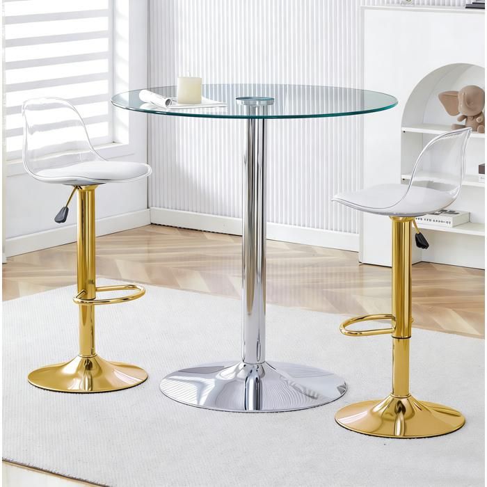 Ensemble table et chaises de bar avec 1 Table ronde et 2 Tabourets - HAVRYA - Pivotants et Réglables - Verre et Métal - Transparent