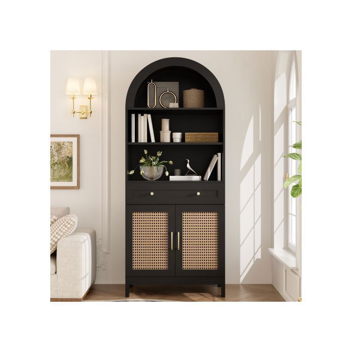 Armoire vitrée moderne cintrée H170 cm portes en rotin 3 vitrines + 2 portes + 1 tiroir noir+bois 70×40×170 cm