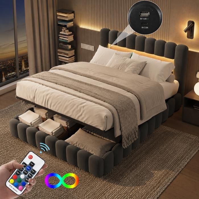 Lit Coffre 140x200 en Lin avec Rangement - Lit Bubble avec LED et USB Tpye C - Tête de lit rembourré avec Étagère - Sommier inclus