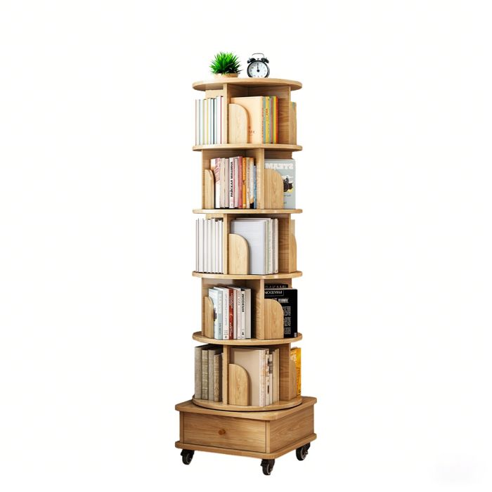 Bibliothèque rotative 360° à 6 niveaux avec roulettes et tiroir couleur bois gain de place pour salon chambre et bureau Bibliothèque rotative 360° à 6 niveaux avec roulettes et tiroir couleur bois gain de place pour salon chambre et bureau