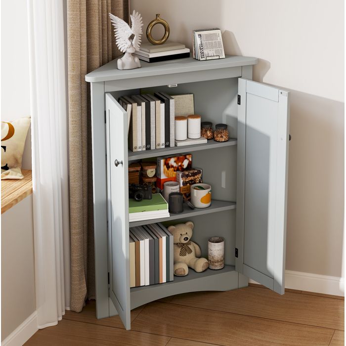 Meuble d’angle salle de bain gris à poser au sol 61 5 x 34 5 x 80 cm 2 portes 3 niveaux MDF JOINERY