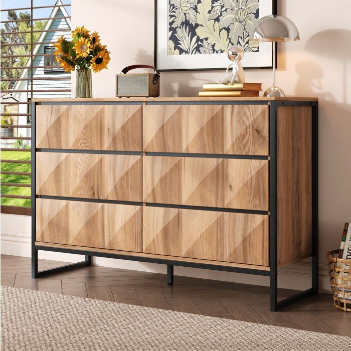 Buffet bas sideboard 120 cm 6 tiroirs noir et bois naturel avec rangement métal industriel TYNQER