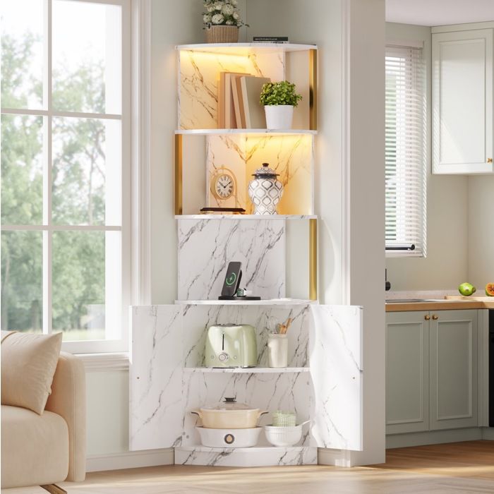 HOMVRA Étagère d’angle haute avec LED prises intégrées 2 portes aspect marbre blanc 38 x 38 x 180 cm
