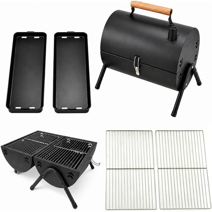Barbecue Charbon De Bois PortableFumoir Double Face Avec CheminéeBrasero Extérieur2 Grilles Et 2 Plateaux À CharbonPoign[BI21]