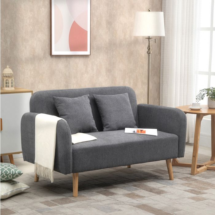Maisentiel Canapé 2 places fixe gris en polyester 130 x 70 x 80 cm avec 2 coussins