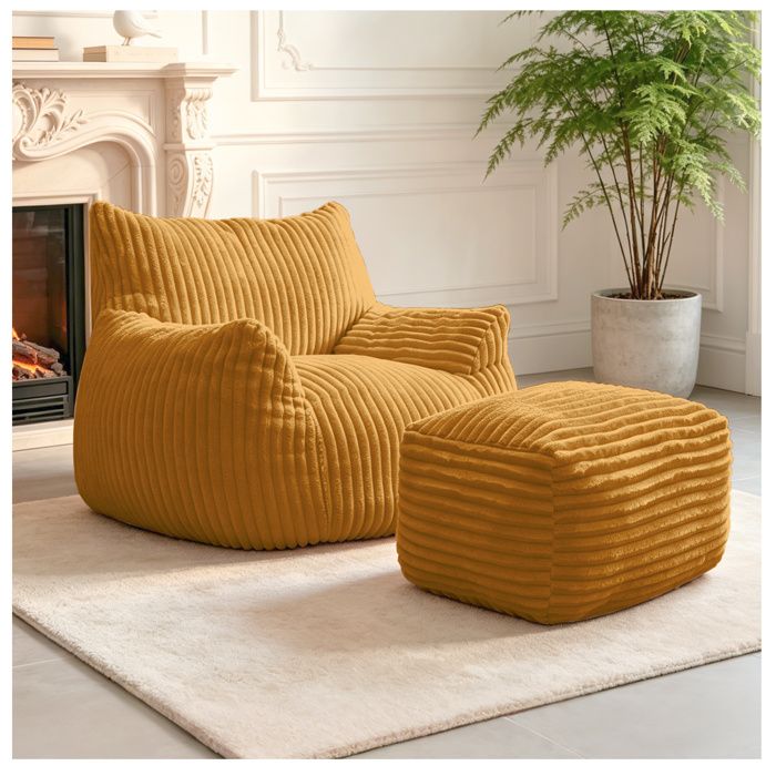 Fauteuil lounge compressé avec pouf coordonné - MEUNIQ - sans montage mousse haute résilience flanelle jaune