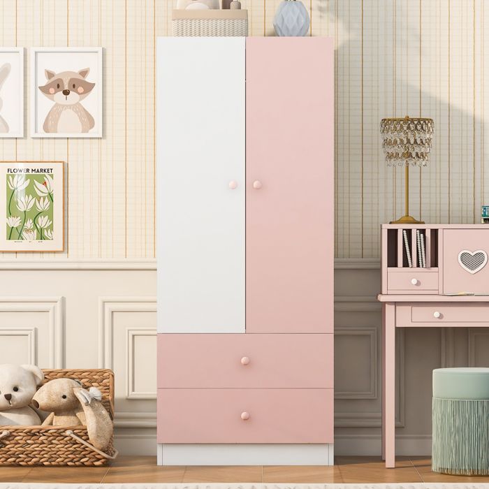 Armoire de Chambre 70 × 40 × 170 cm Armoire Penderie avec 2 Portes et 2 Tiroirs Tringle à VêTements Meuble de rangement rose blanc