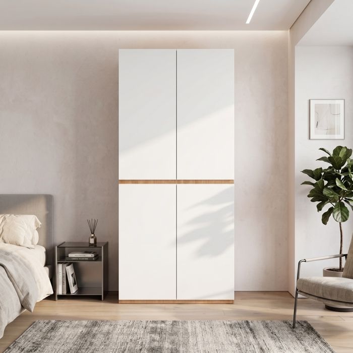 Armoire de chambre 90 x 50 x 200 cm coloris blanc en MDF et panneaux de particules 2 tiroirs 4 portes avec penderie