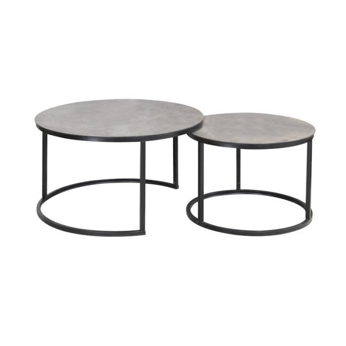 tables d'appoint - lot de 2 tables gigognes atlanta rondes en métal et verre effet marbre - gris / noir - d 80 x h 45 cm.