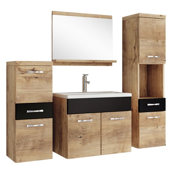 Meuble de salle de bain Alba 60 cm Chêne châtaignier avec noir Lavabo et armoire de rangement Meuble de salle de bain Alba 60 cm Chêne châtaignier avec noir Lavabo et armoire de rangement