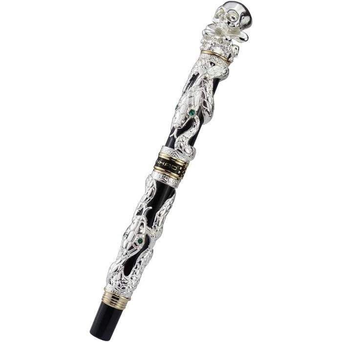 Jinhao Stylo Plume Rétro Serpent Noir Pointe Moyenne – Tête De Mort Métal Massif + Étui, Convertisseur Inclus