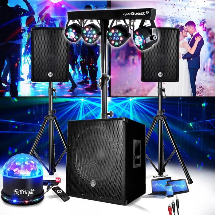 PACK SONO ENCEINTE + SUBWOOFER 1800W USB Bluetooth + PIEDS + CABLES