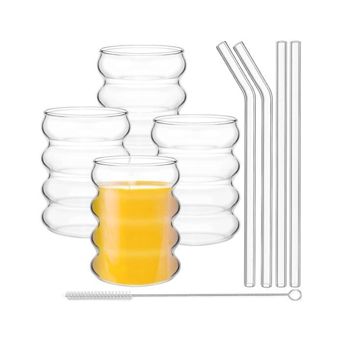 Verres à Bulles - Aesthetic - Lot de 4 - Verre Borosilicate - Pailles Incluses - Design Ondulé