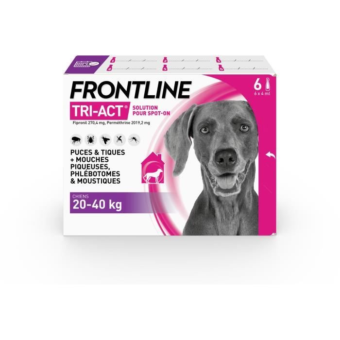 FRONTLINE Tri-Act Chiens L - 20 à 40 kg - 6 pipettes - puces, tiques, moustiques, phlébotomes et mo