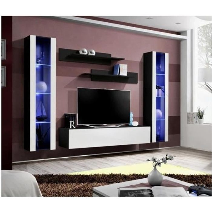 meuble tv suspendu fly a2 noir et blanc brillant + led - price factory - banc tv 3 compartiments