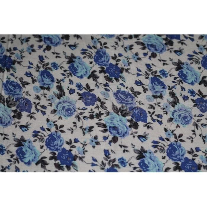 Tissu Viscose Imprimée Bouquet De Fleurs Bleu Au Mètre