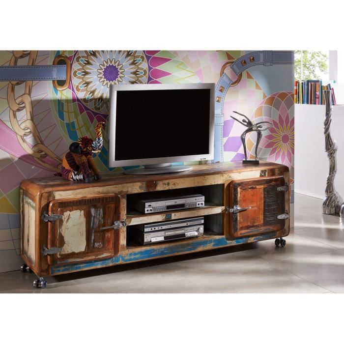 meuble tv avec roulettes - bois massif recyclé laqué (multicolore) - inspiration ethnique - freezy #32