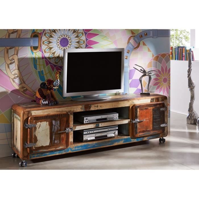 Meuble TV avec roulettes - Bois massif recyclé laqué (Multicolore) - Inspiration Ethnique - FREEZY #32