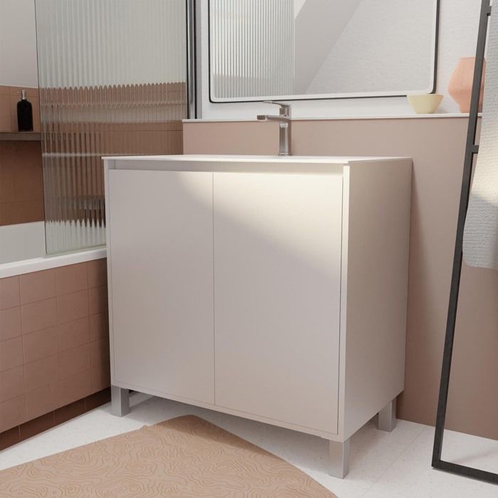 Pack Meuble Salle de Bains 80 cm Blanc 2 portes avec Vasque Céramique - XENOS