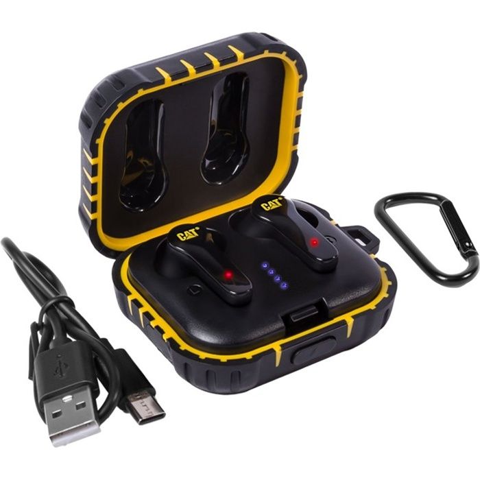 Ecouteurs sans fil EARBUDS Caterpillar Bluetooth Réduction de bruit Portée 10m autonomie 5h Boitier Chargeur IP55 IOS Android