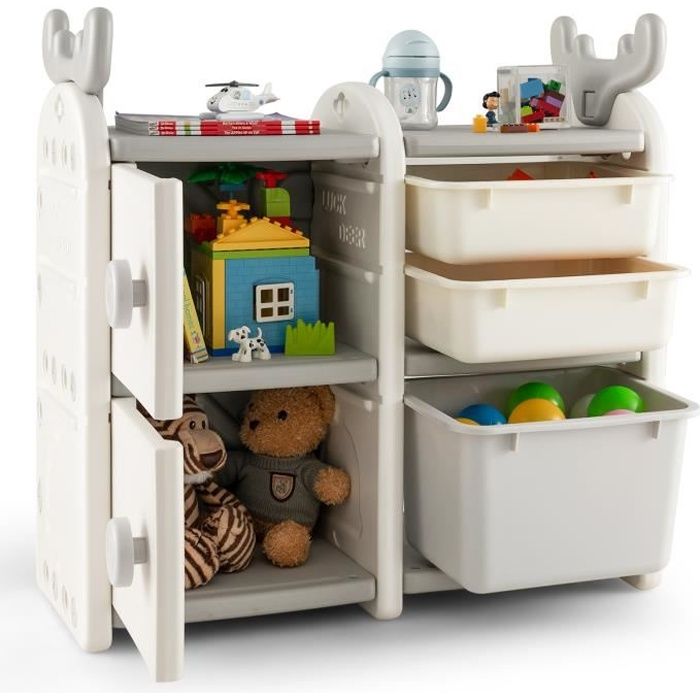 costway meuble étagère de rangement pour jouets enfant et livres avec 1 bac, 2 tiroirs et 2 placard, design en bois de cerf, gris