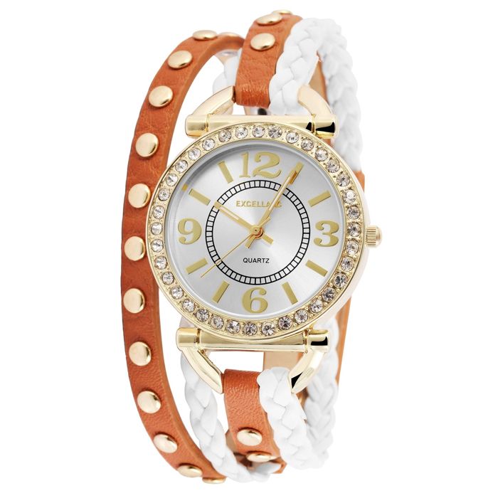 Montre femme - EXCELLANC - EX0348 - Boîtier doré 35 mm - Bracelet simili cuir marron/beige - Quartz PC21