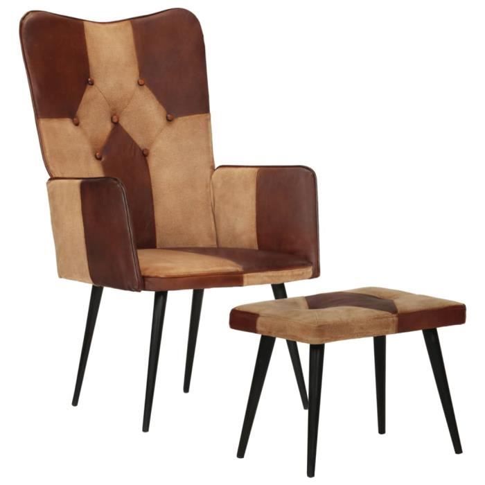 famirosa fauteuil avec repose-pieds marron cuir véritable et toile-676