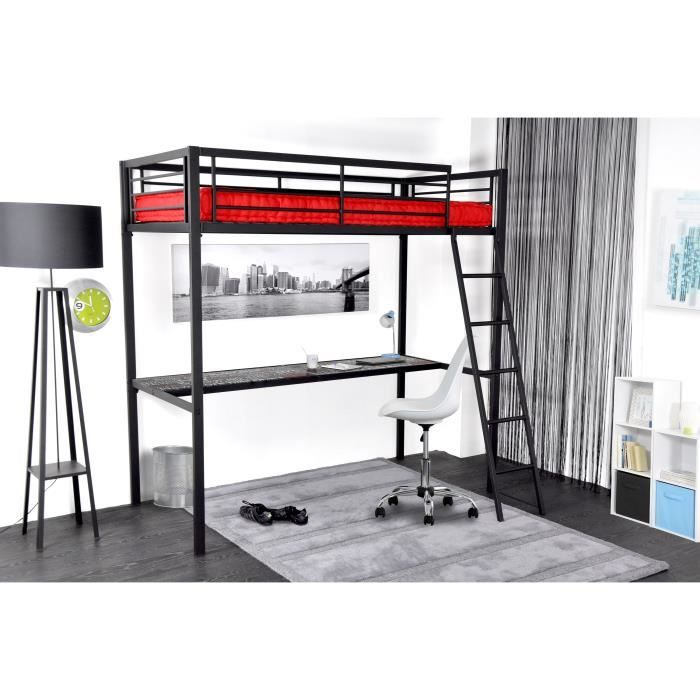 Lit Mezzanine 120x200 Cm Avec Bureau Intégré Et Rangements - Cadre Fer Et Panneaux Particules - Noir Et Foncé - Pour Chambre Enfant/Ado