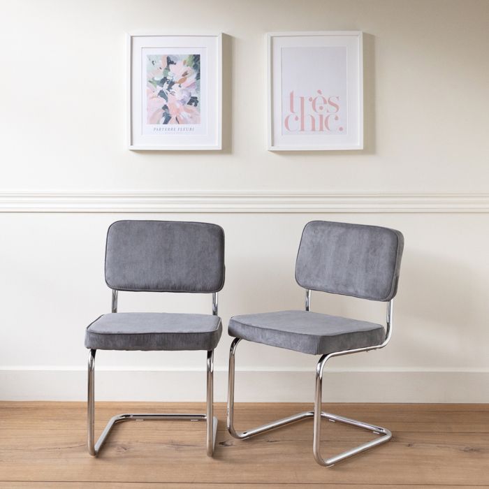 Lot de 2 chaises cantilever en velours côtelé gris MARIA