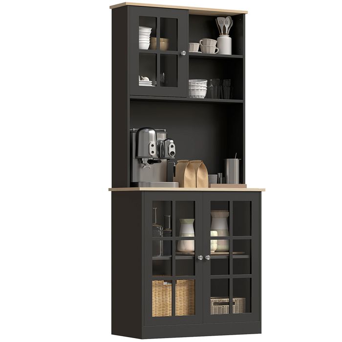 Buffet de cuisine - HOMCOM - meuble rangement haut plan travail 3 portes vitrées 2 niches - bois - 80x37x183cm - noir chêne Buffet de cuisine - HOMCOM - meuble rangement haut plan travail 3 portes vitrées 2 niches - bois - 80x37x183cm - noir chêne